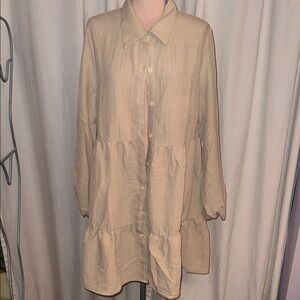 Cream Button-Up Tiered Dress seersucker lightweight xl